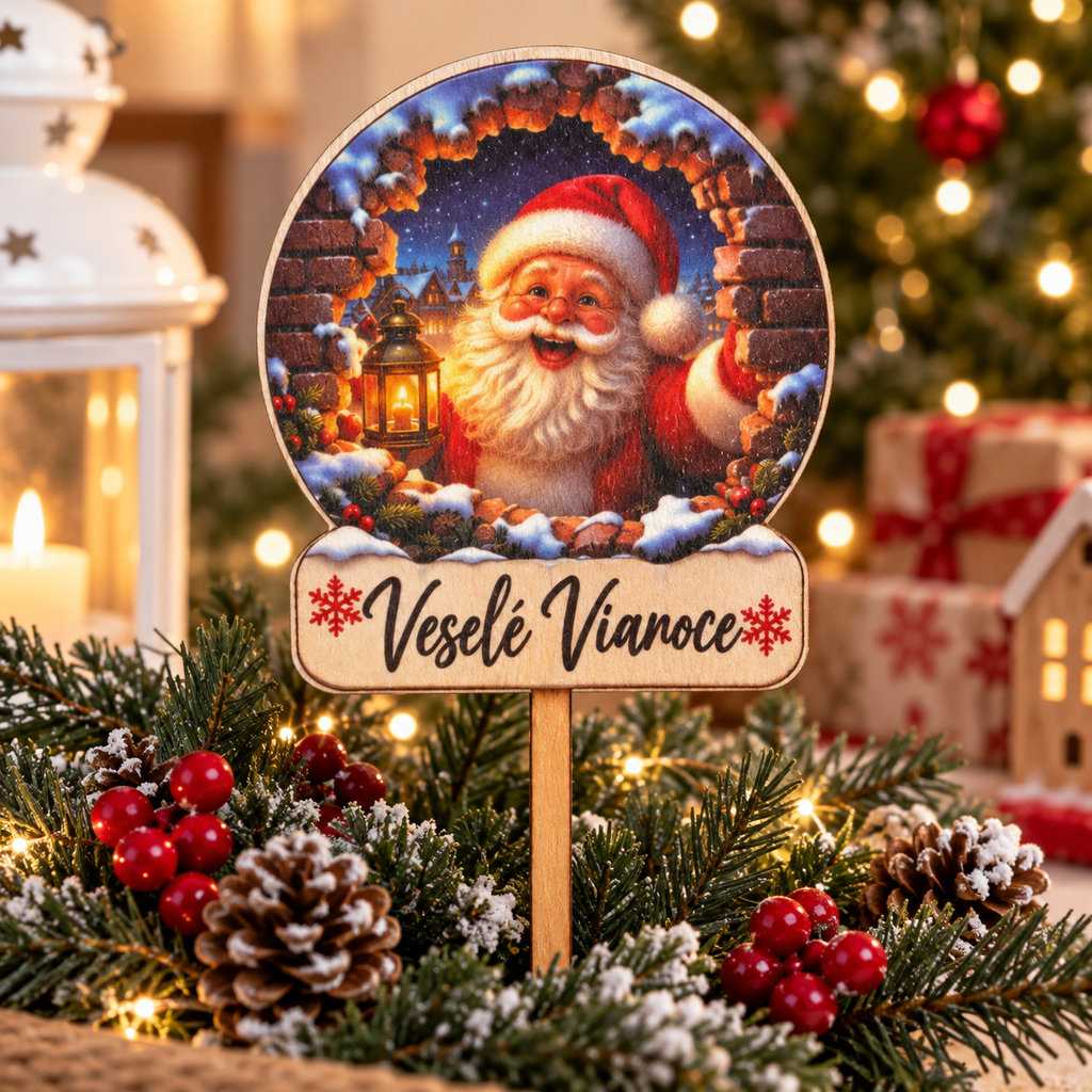 Drevený vianočný zápich – Santa Claus s nápisom Veselé Vianoce