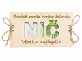Drevený darček „NIČ“ – tabuľka na darovanie peňazí (personalizovaná)