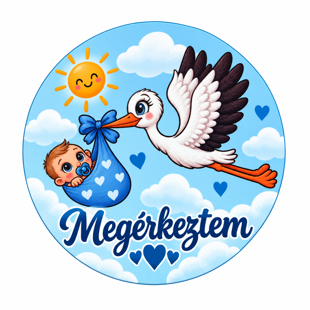 Drevená tabuľka s bocianom a bábätkom „Megérkeztem“ – chlapček