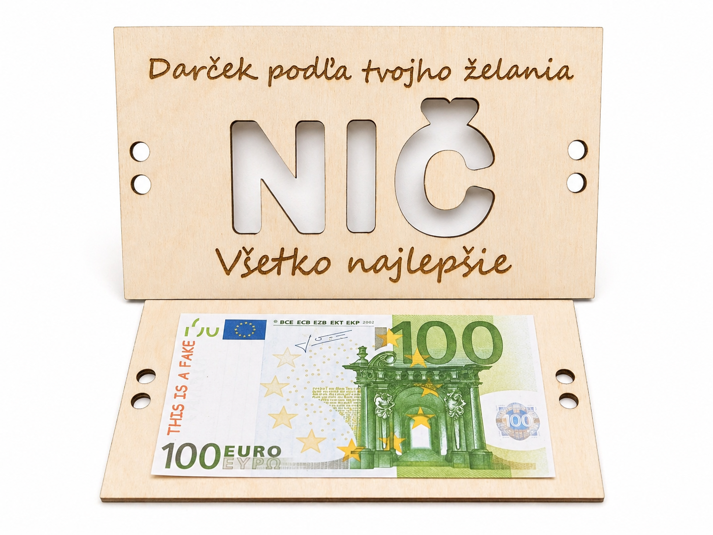 Drevený darček „NIČ“ – tabuľka na darovanie peňazí (personalizovaná)