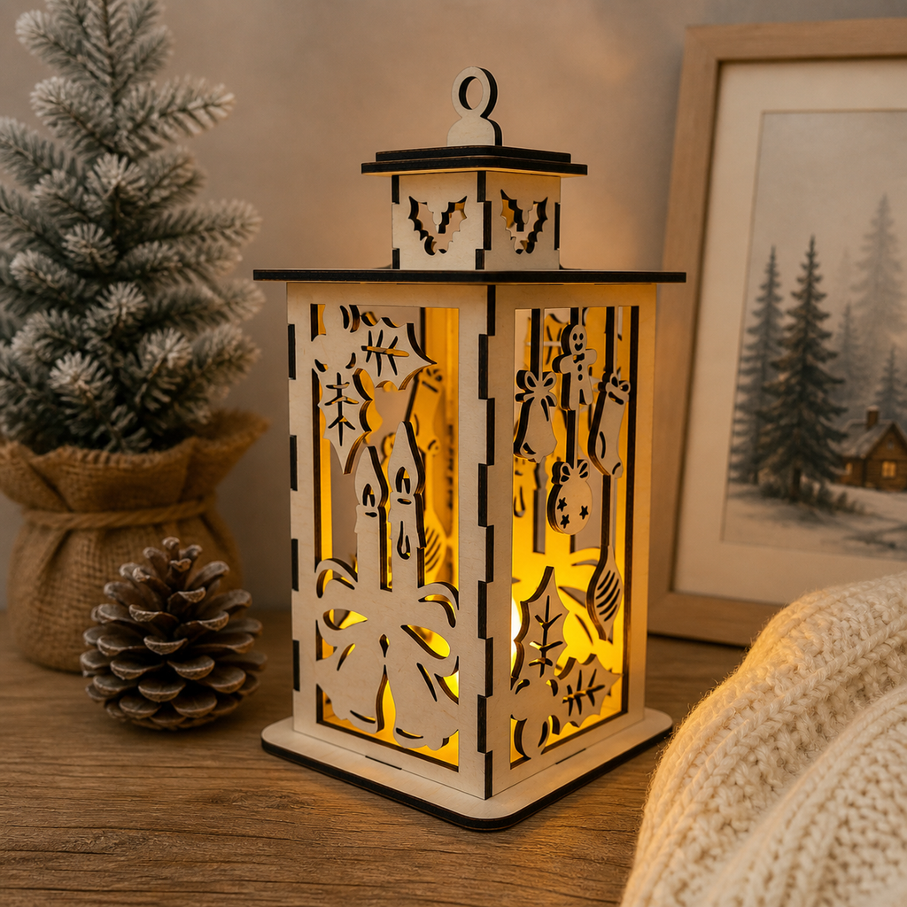 Drevený lampáš so sviečkami – vianočná LED dekorácia