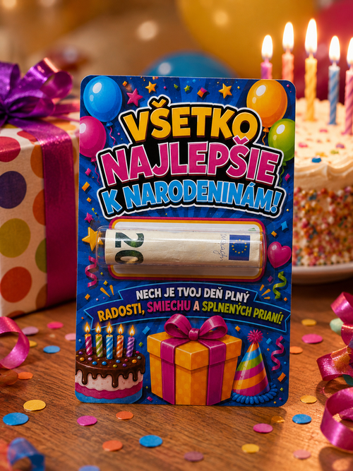 Darčeková kartička na peniaze „Všetko najlepšie k narodeninám!“