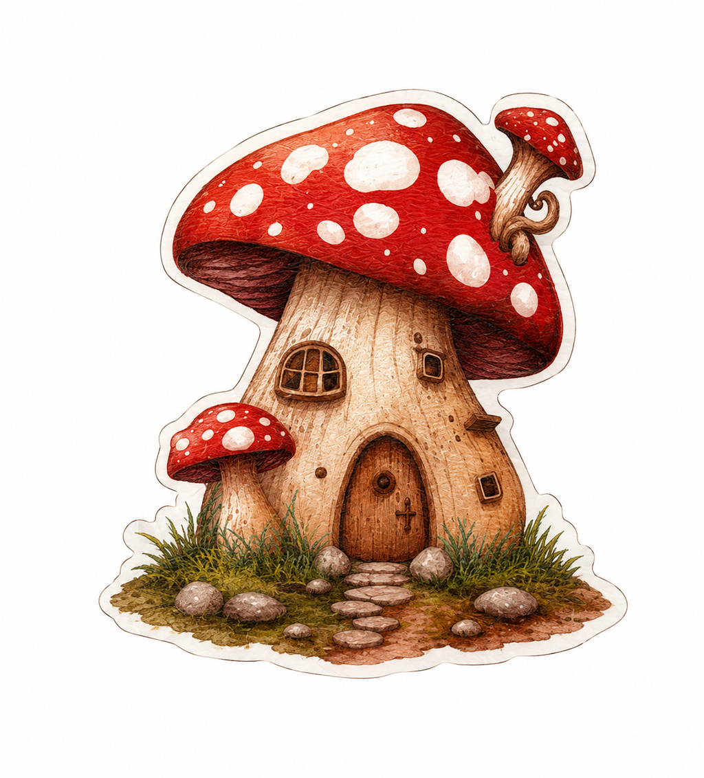 Rozprávkový domček v muchotrávke | HDF dekorácia 7 × 8 cm