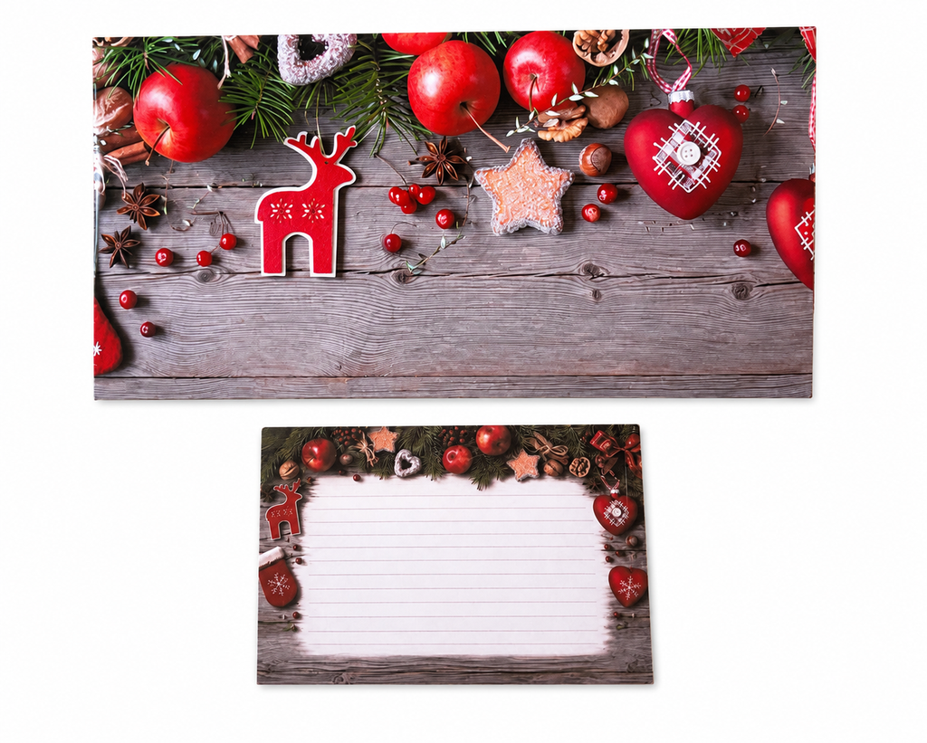 Vianočná obálka na darovanie peňazí s kartičkou – Sob, jablká a vianočné ozdoby | 18,5 × 9 cm