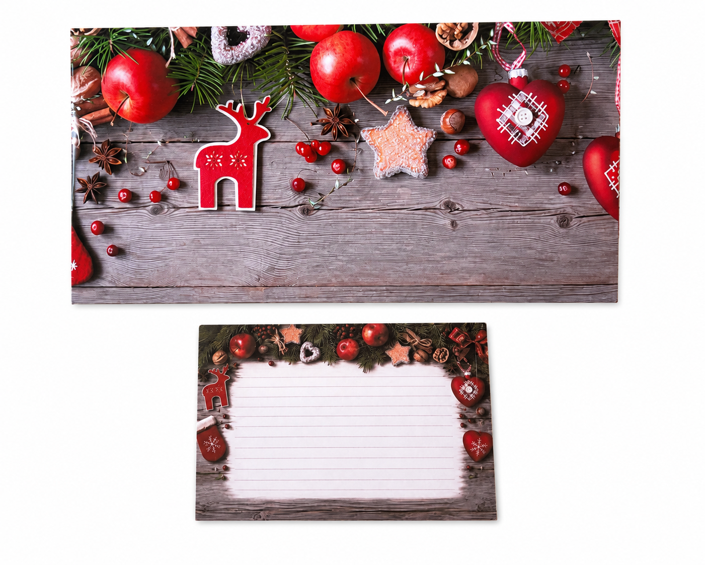 Vianočná obálka na darovanie peňazí s kartičkou – Sob, jablká a vianočné ozdoby | 18,5 × 9 cm