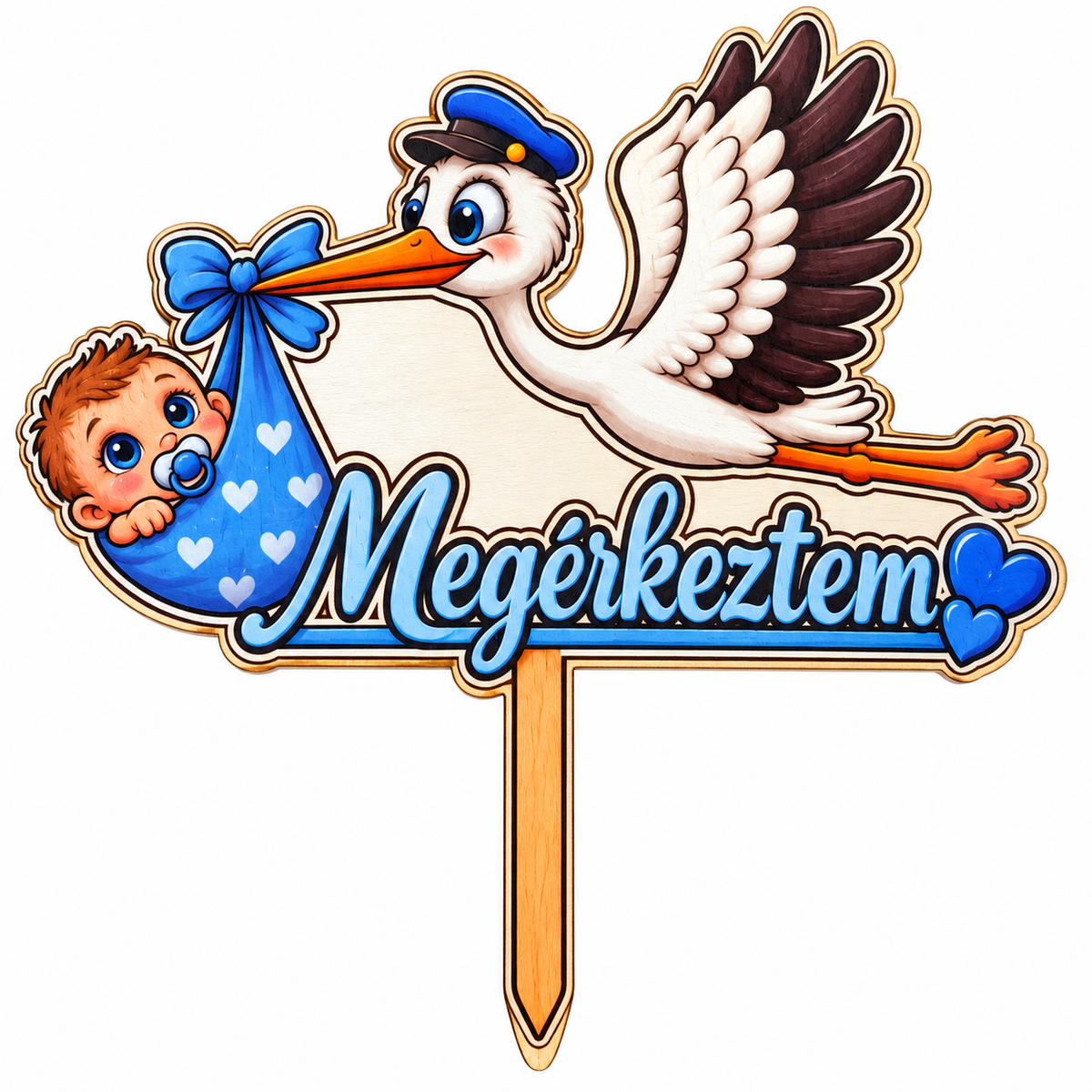 Drevený zápich s bocianom a bábätkom – Megérkeztem