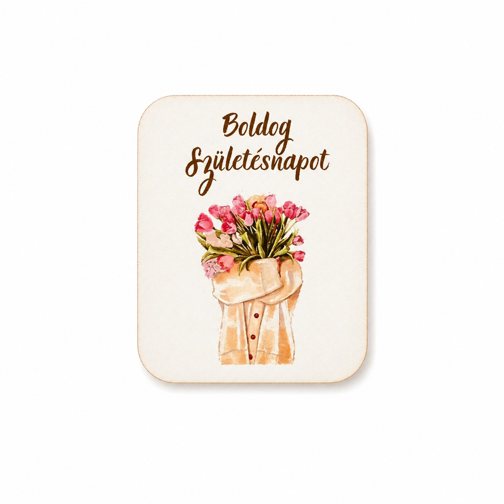 Drevená tabuľka „Boldog születésnapot“ – dekorácia na dotvorenie (6×7 cm)