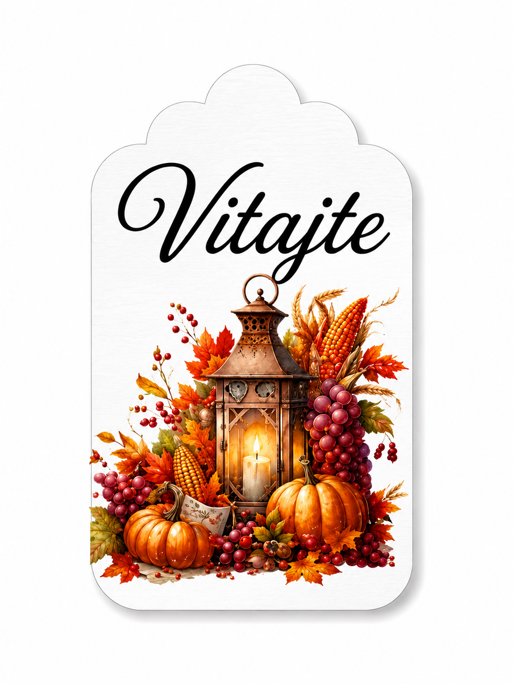 Drevená tabuľka „Vitajte“ s jesennou lucernou