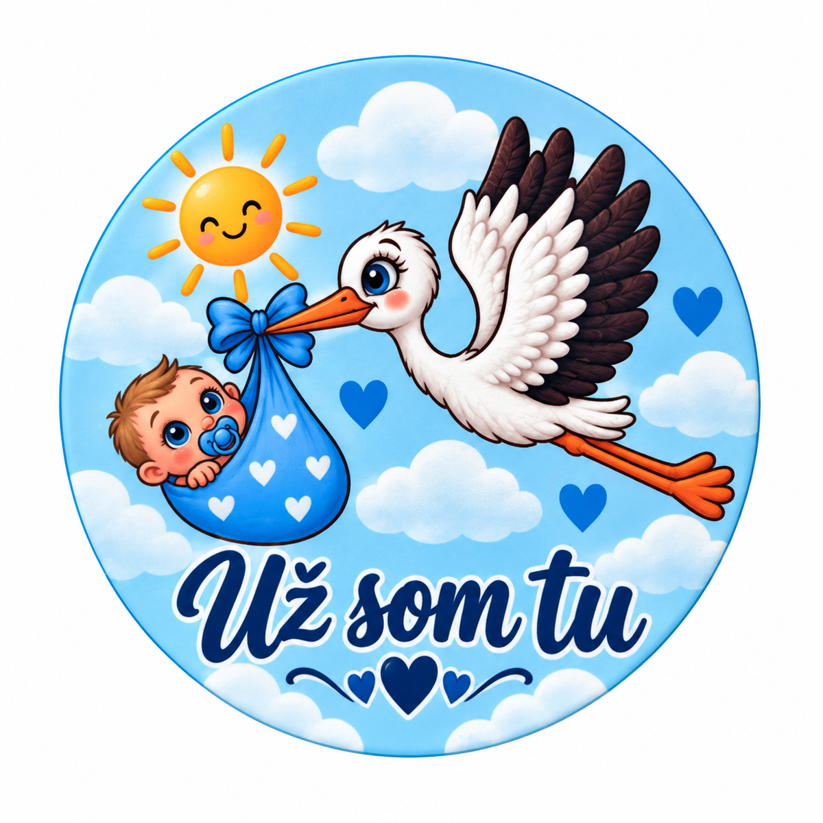 Drevená tabuľka s bocianom a bábätkom „Už som tu“ – chlapček
