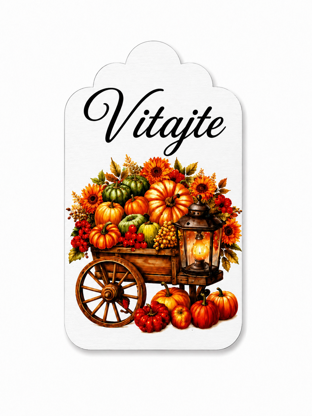 Drevená tabuľka „Vitajte“ s tekvicovým vozíkom