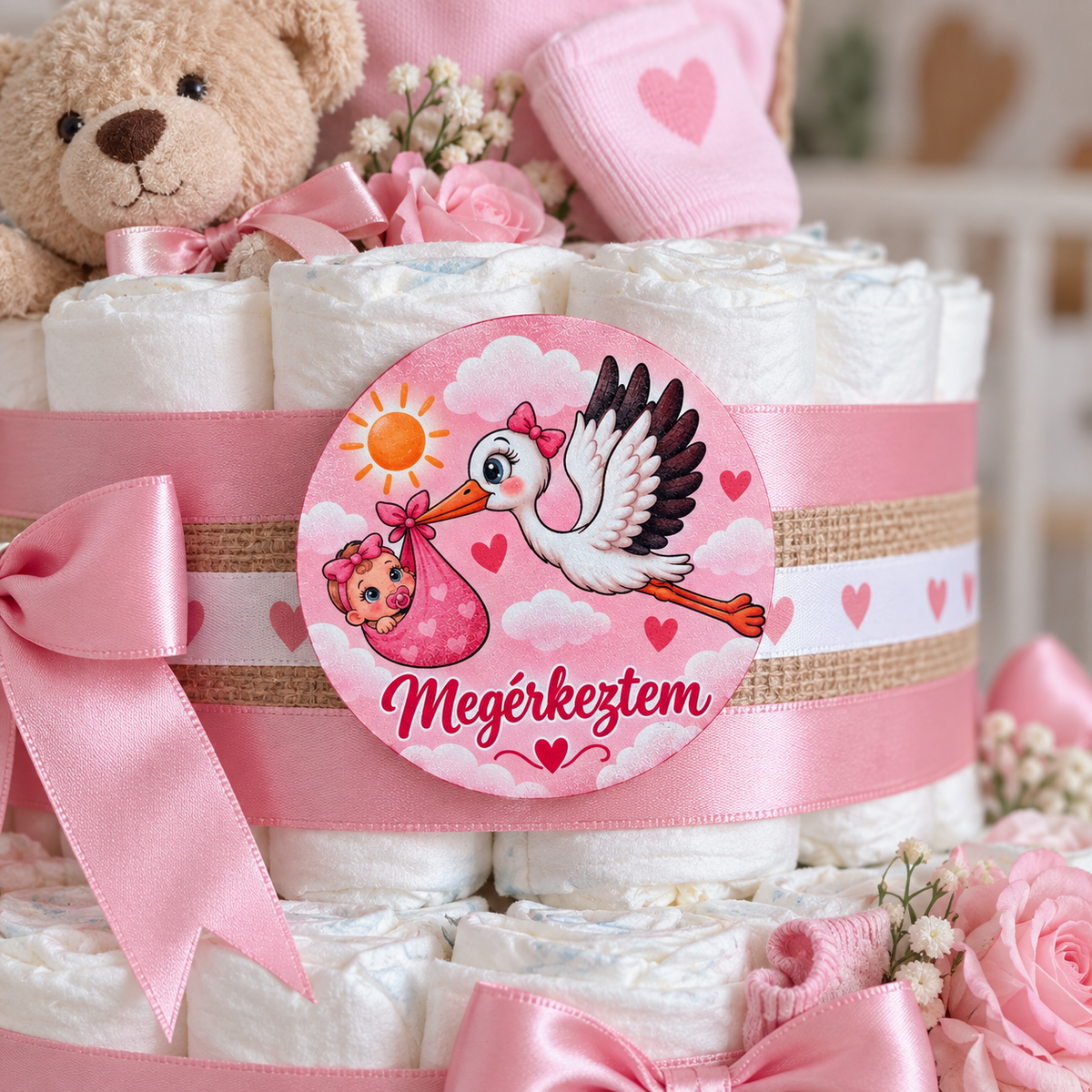 Drevená tabuľka „Megérkeztem“ s bocianom a bábätkom