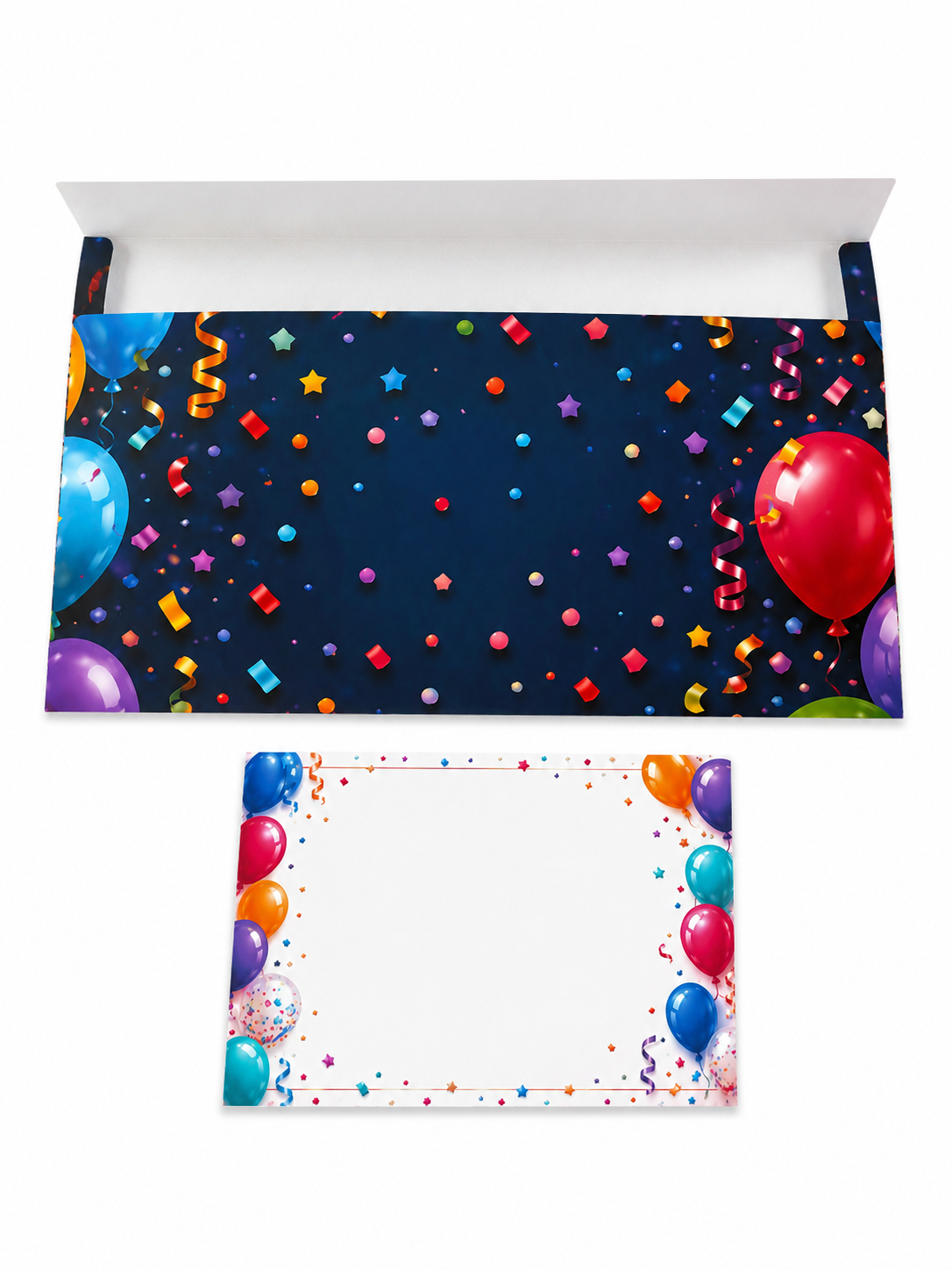 Farebná obálka na peniaze k narodeninám s kartičkou – balóny a konfety | 18,5 × 9 cm