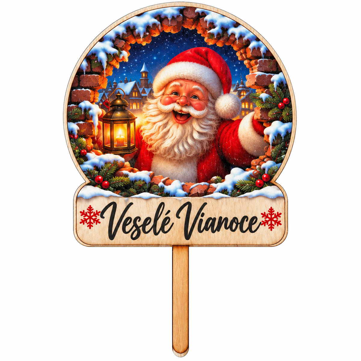 Drevený vianočný zápich – Santa Claus s nápisom Veselé Vianoce