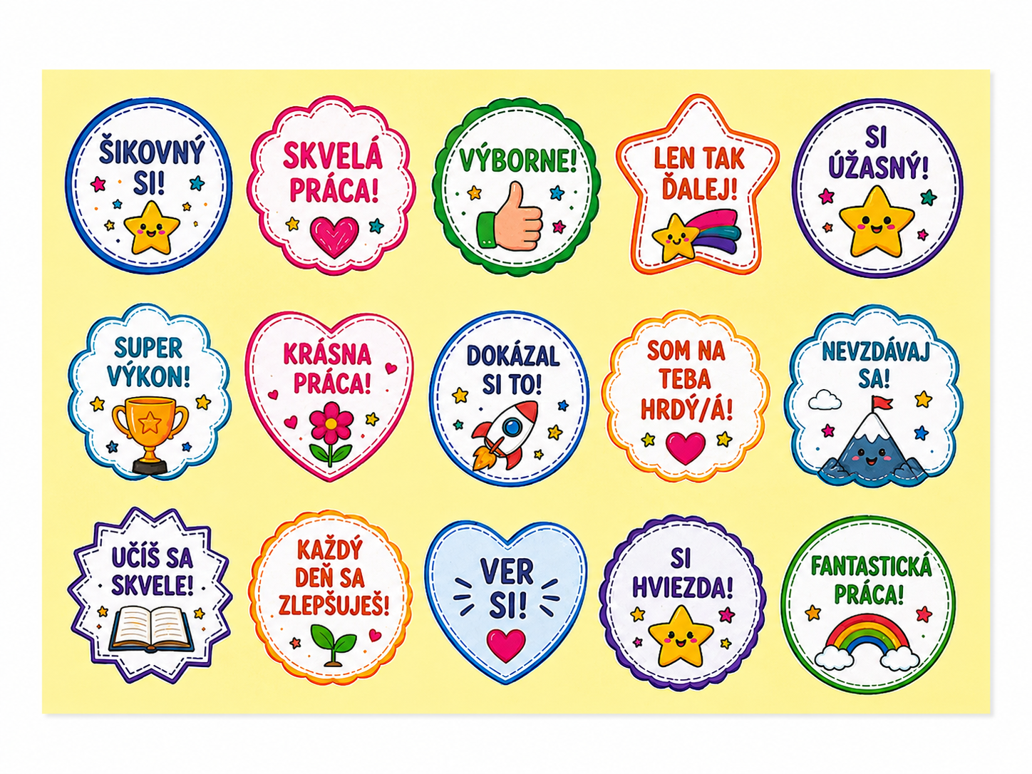 Motivačné papierové nálepky pre deti – odmenové samolepky 2–2,5 cm