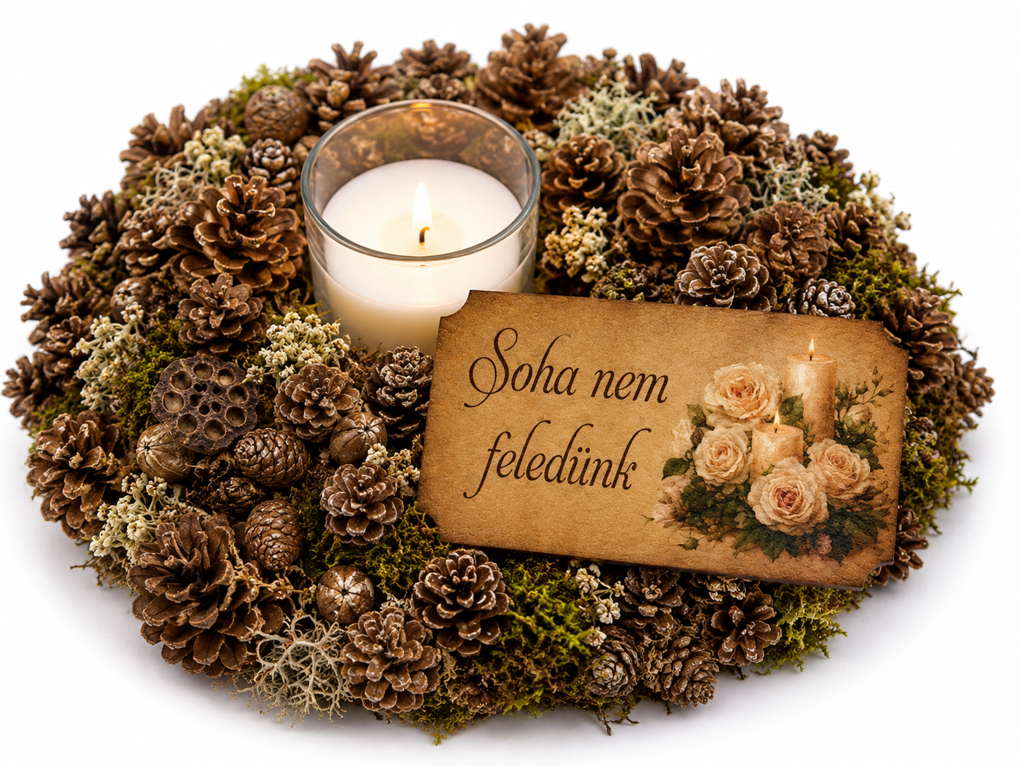 Pamätná tabuľka Soha nem feledünk – ruže a sviečky | 7 × 4,5 cm