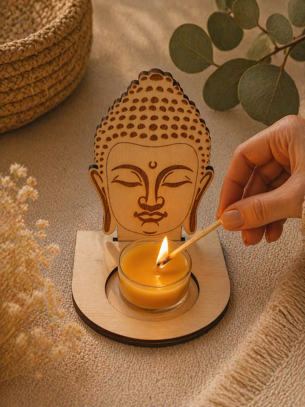 Wooden Candle Holder with Base - Buddha