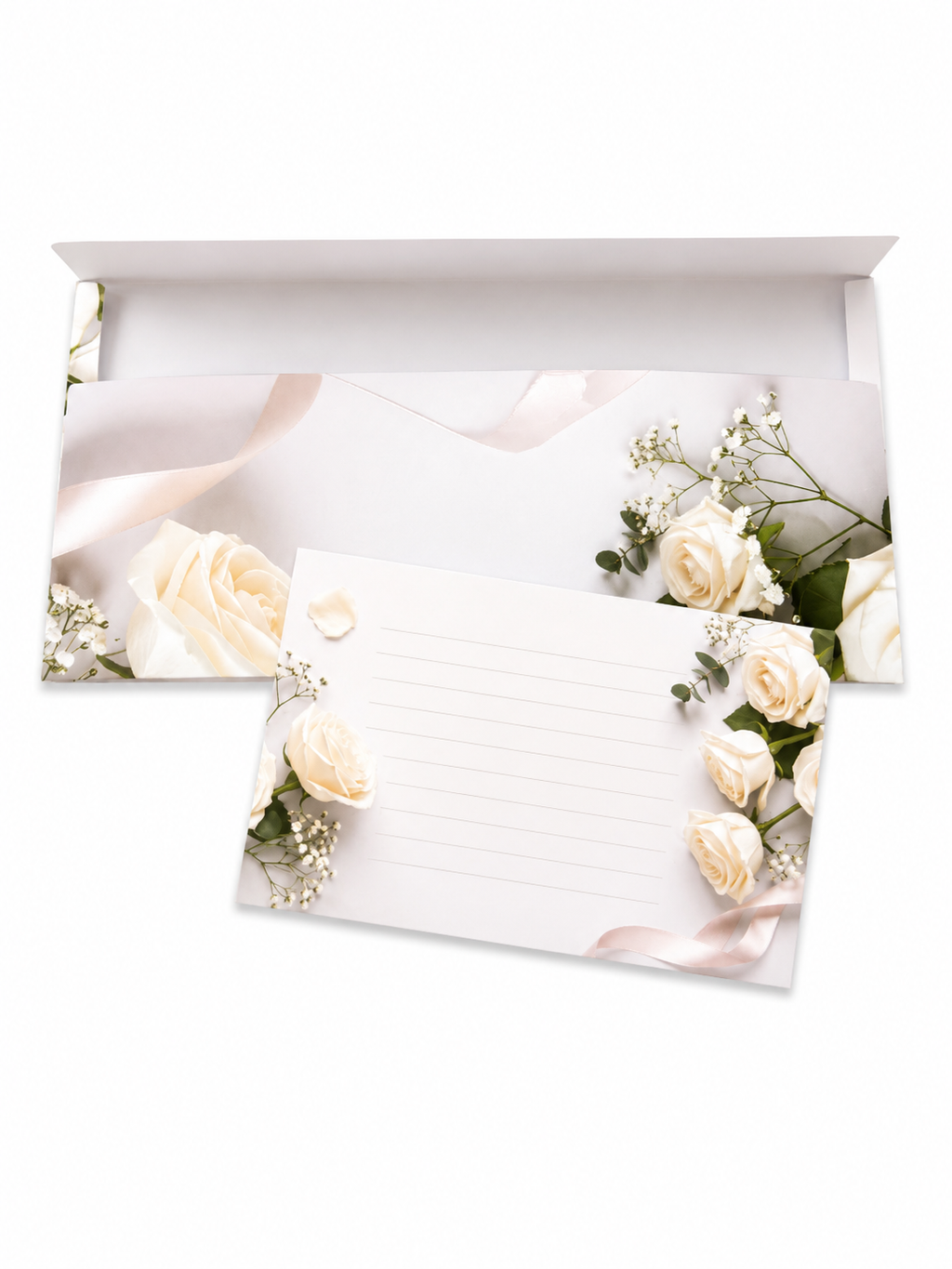 Svadobná obálka na darovanie peňazí s kartičkou – Biele ruže | 18,5 × 9 cm