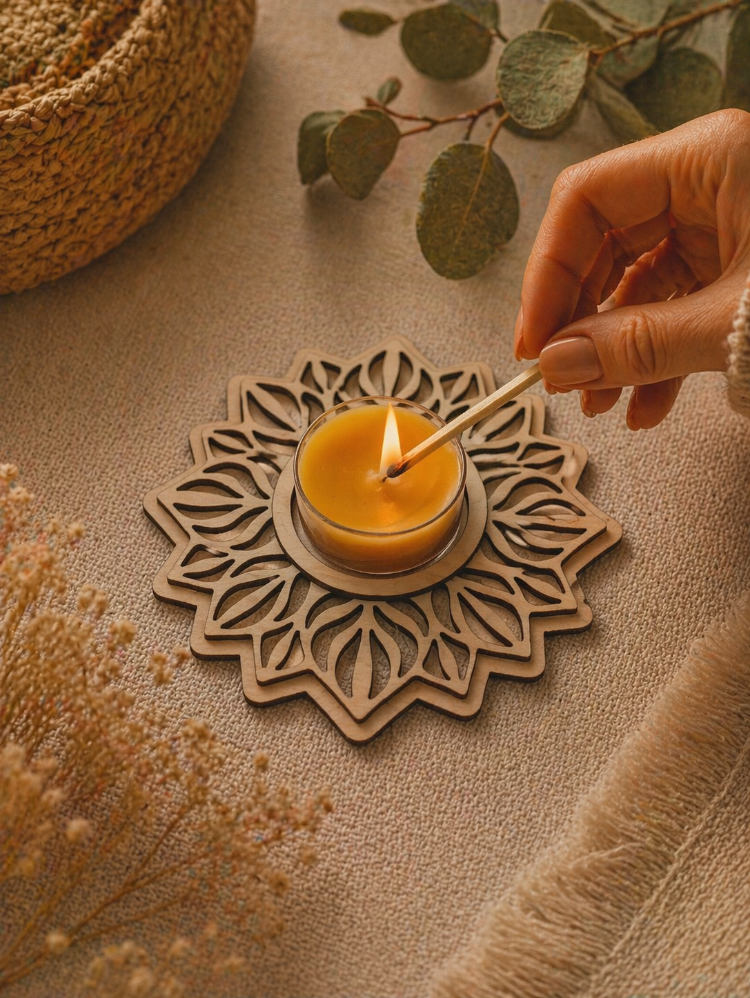 Wooden tealight holder - mandala design