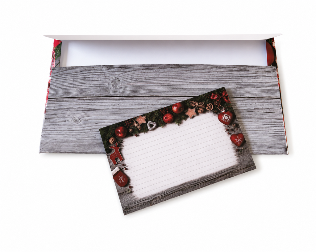 Vianočná obálka na darovanie peňazí s kartičkou – Sob, jablká a vianočné ozdoby | 18,5 × 9 cm