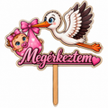 Drevený zápich s bocianom a bábätkom – Megérkeztem