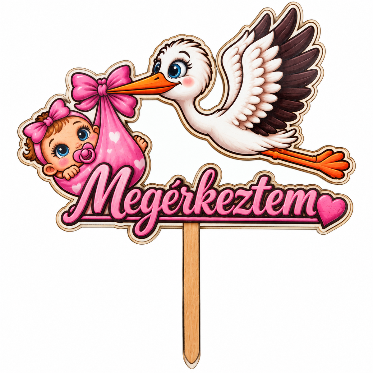 Drevený zápich s bocianom a bábätkom – Megérkeztem