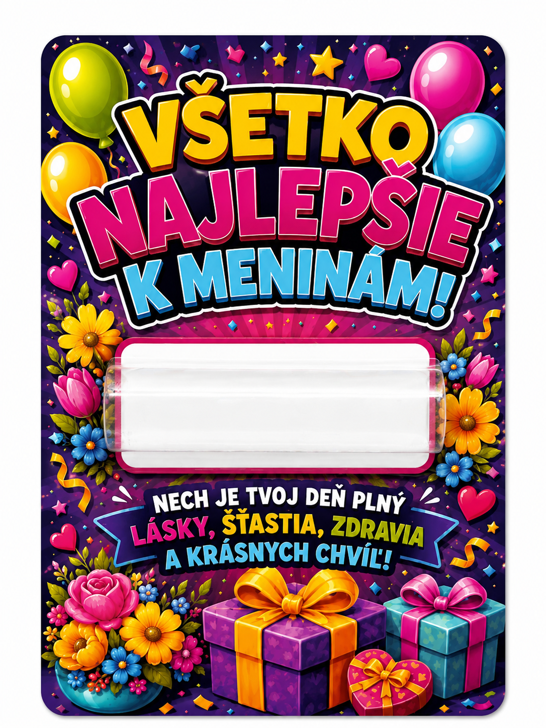 Darčeková kartička na peniaze „Všetko najlepšie k meninám!“