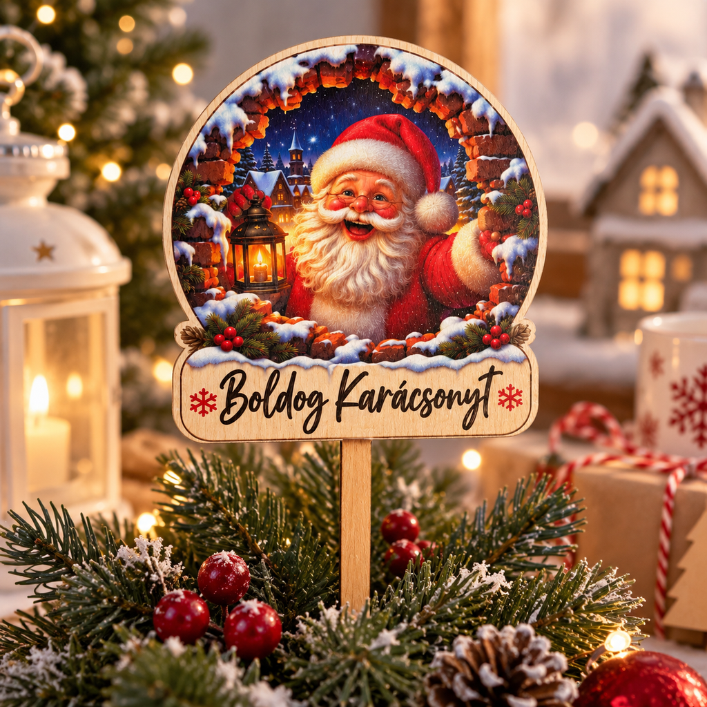 Drevený vianočný zápich – Santa Claus s nápisom Boldog Karácsonyt