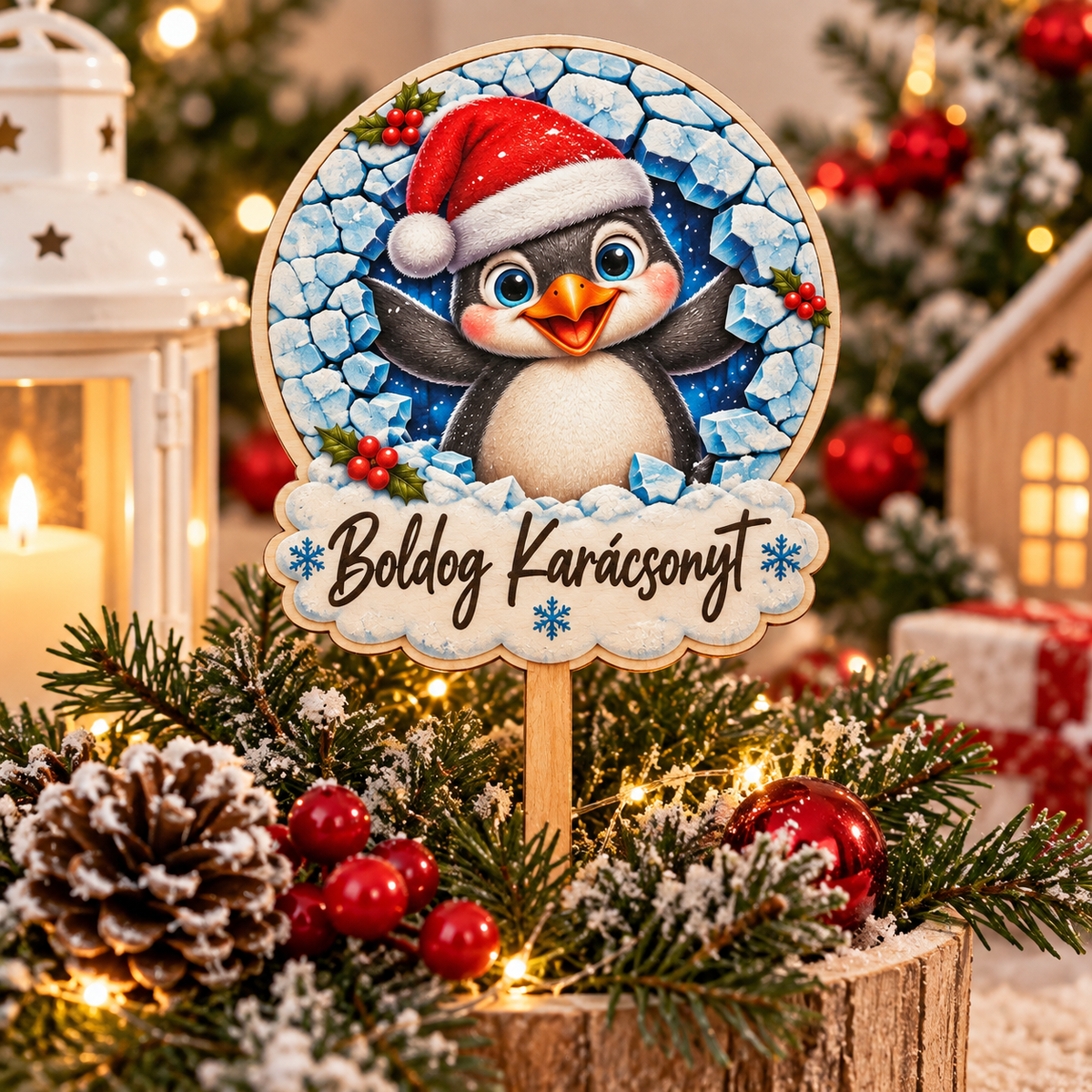Vianočný zápich s tučniakom – Boldog Karácsonyt