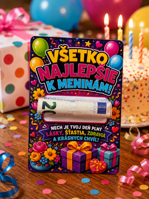 Darčeková kartička na peniaze „Všetko najlepšie k meninám!“