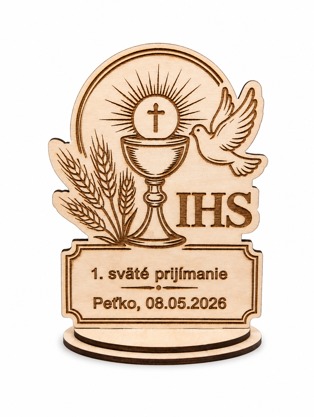 Drevená dekorácia IHS na 1. sväté prijímanie – personalizovaná
