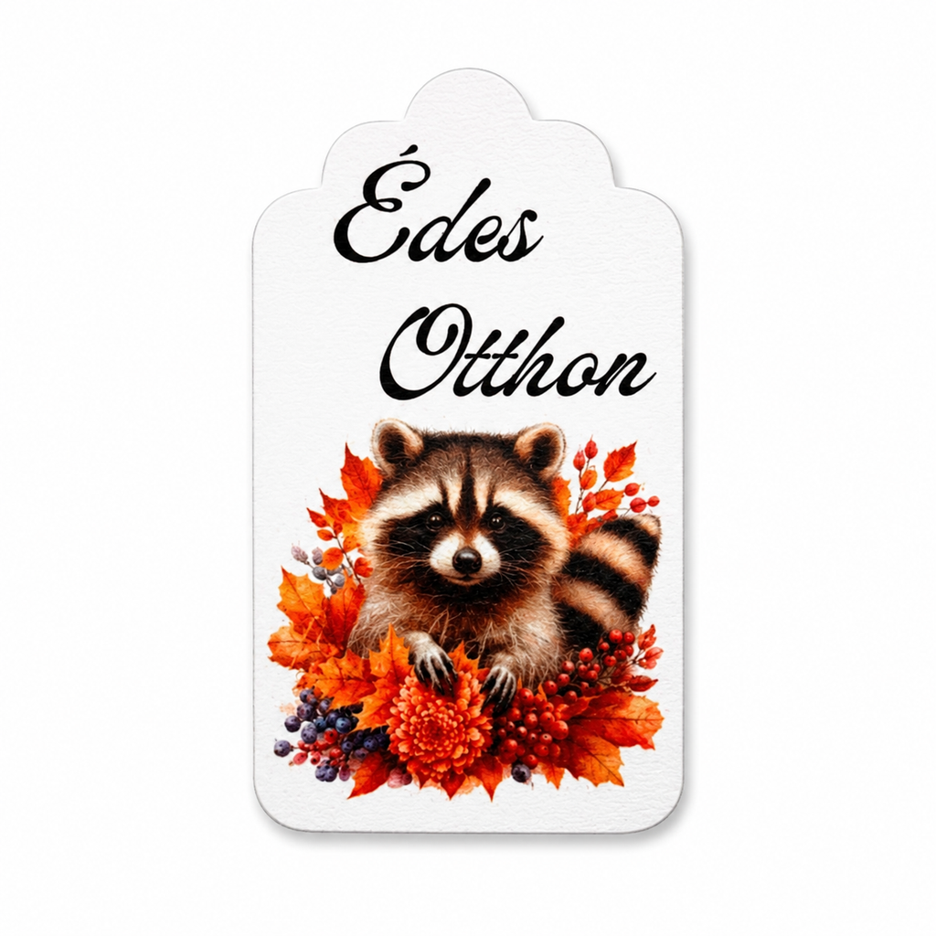 Drevená tabuľka „Édes Otthon“ s mývalom