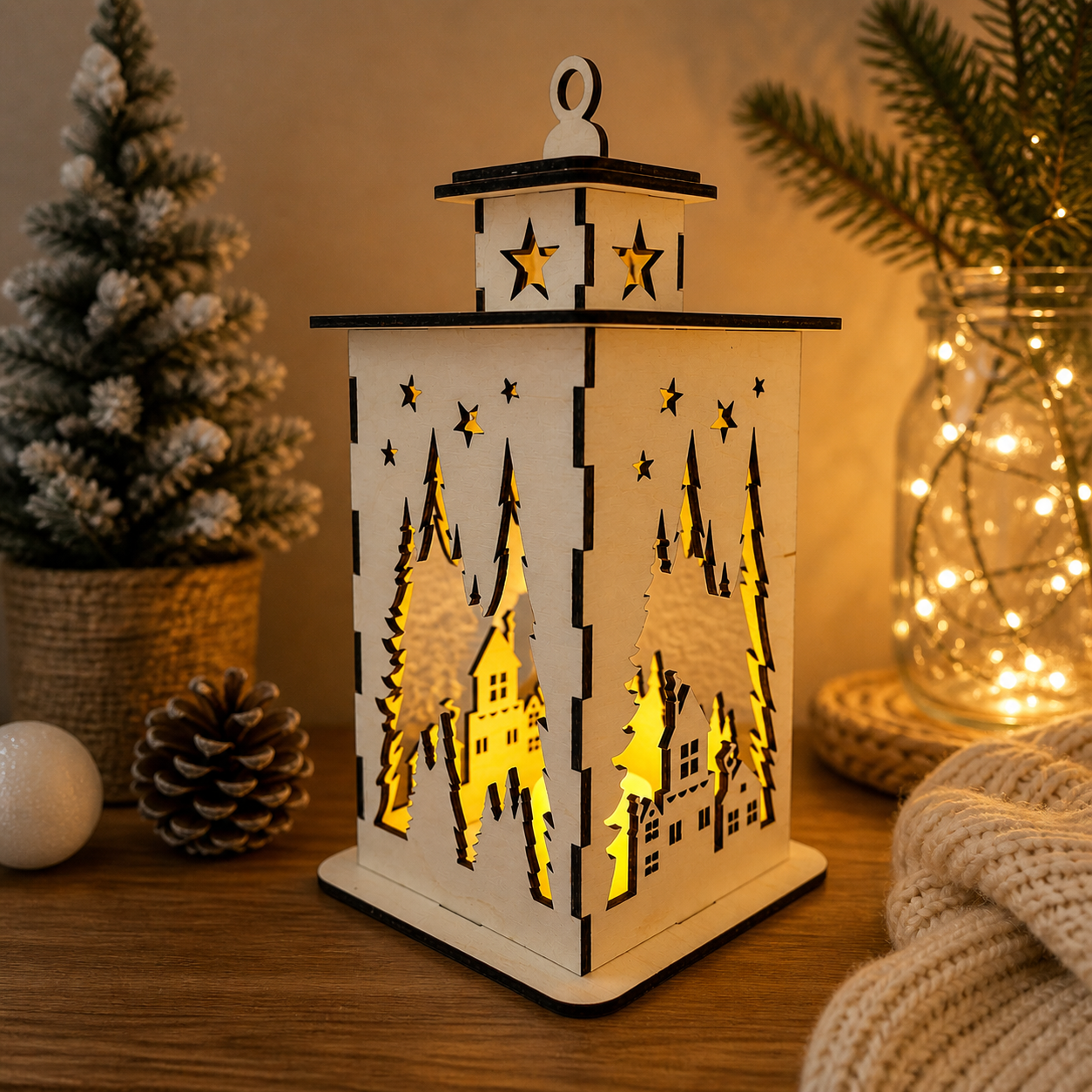 Drevený lampáš – vianočná LED dekorácia les