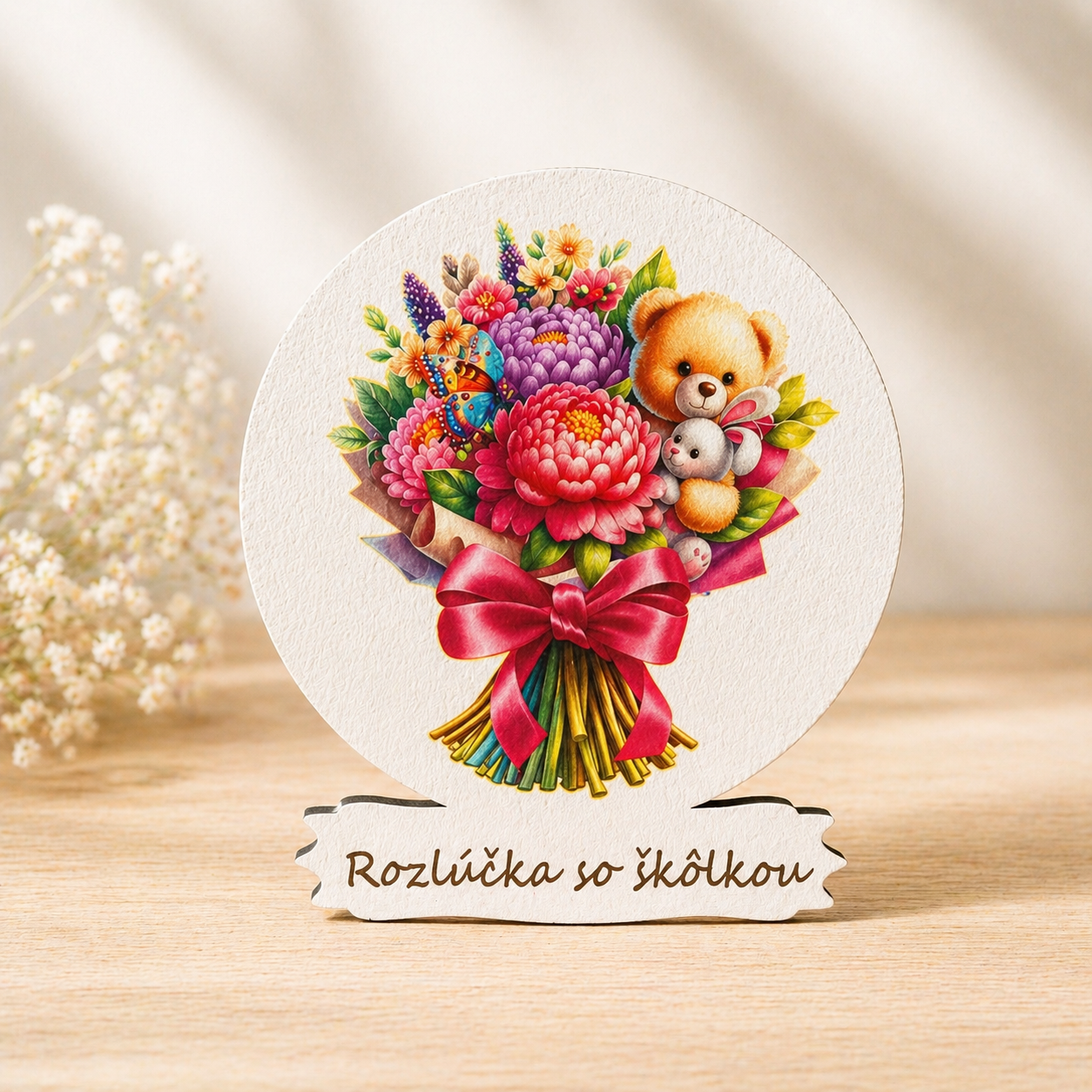 Drevená tabuľka na dotvorenie – Rozlúčka so škôlkou (7×8 cm)