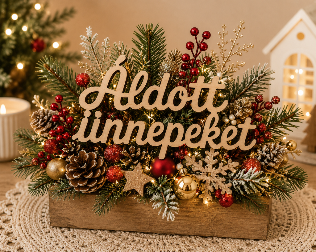 Drevený nápis Áldott ünnepeket | 10 × 5,5 cm