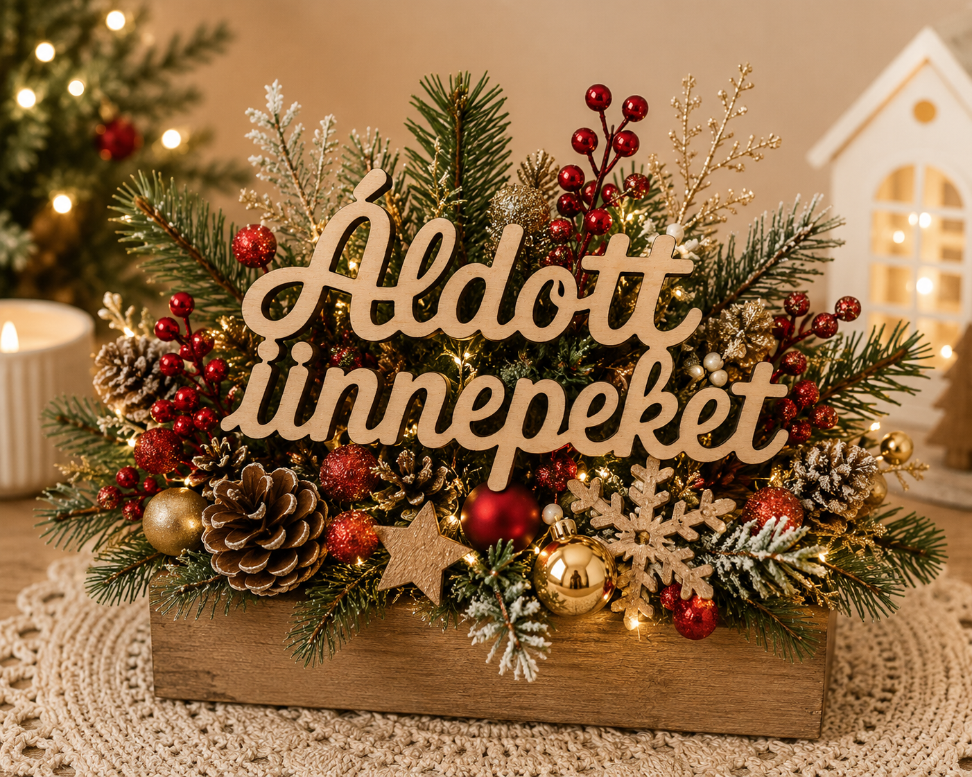Drevený nápis Áldott ünnepeket | 10 × 5,5 cm
