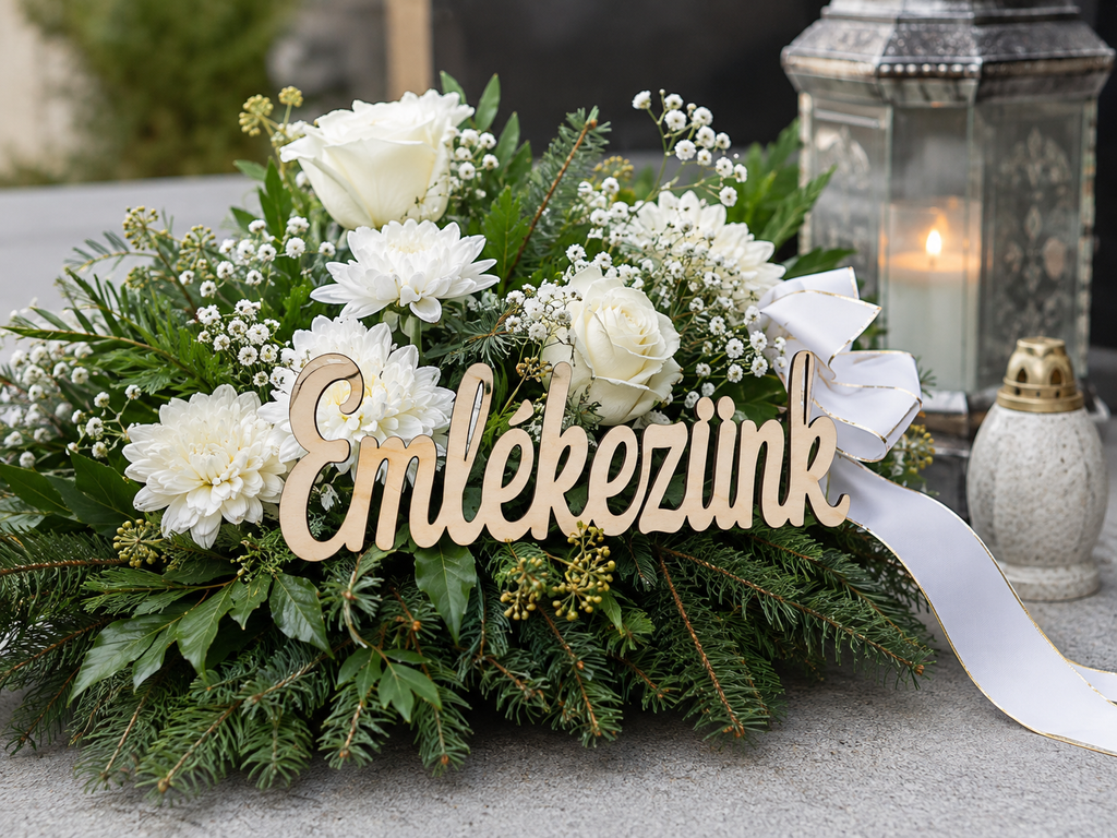 Drevený nápis Emlékezünk | Maďarský drevený nápis z preglejky 10 × 3 cm
