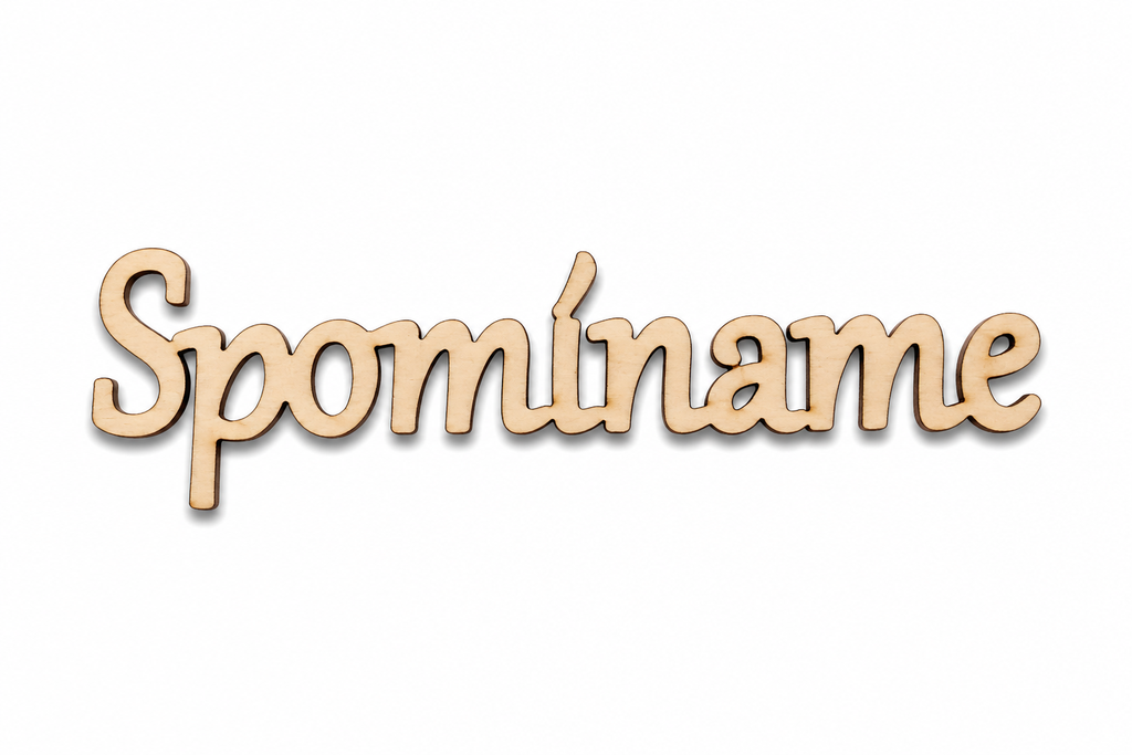 Spomíname – drevený nápis na veniec | 10 × 2,5 cm