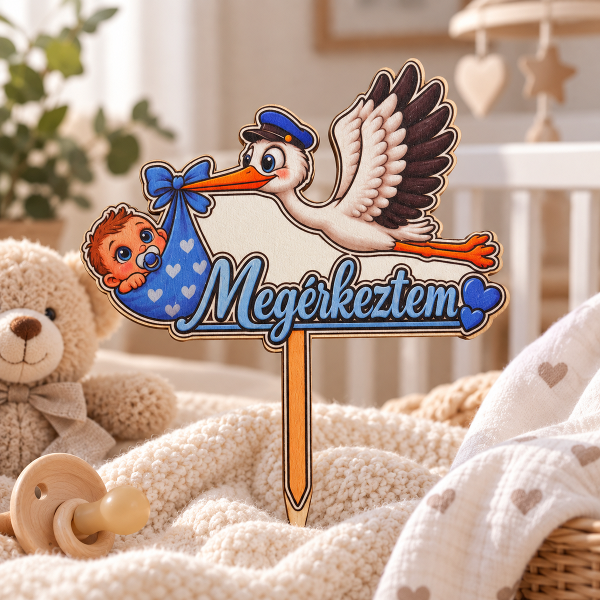 Drevený zápich s bocianom a bábätkom – Megérkeztem