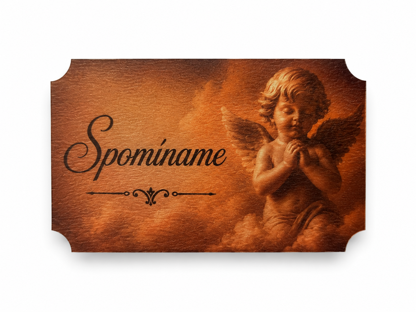 Pamätná tabuľka na veniec s anjelom – Spomíname | 7 × 4,5 cm