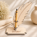 Engraved pen with stand – feather, custom text