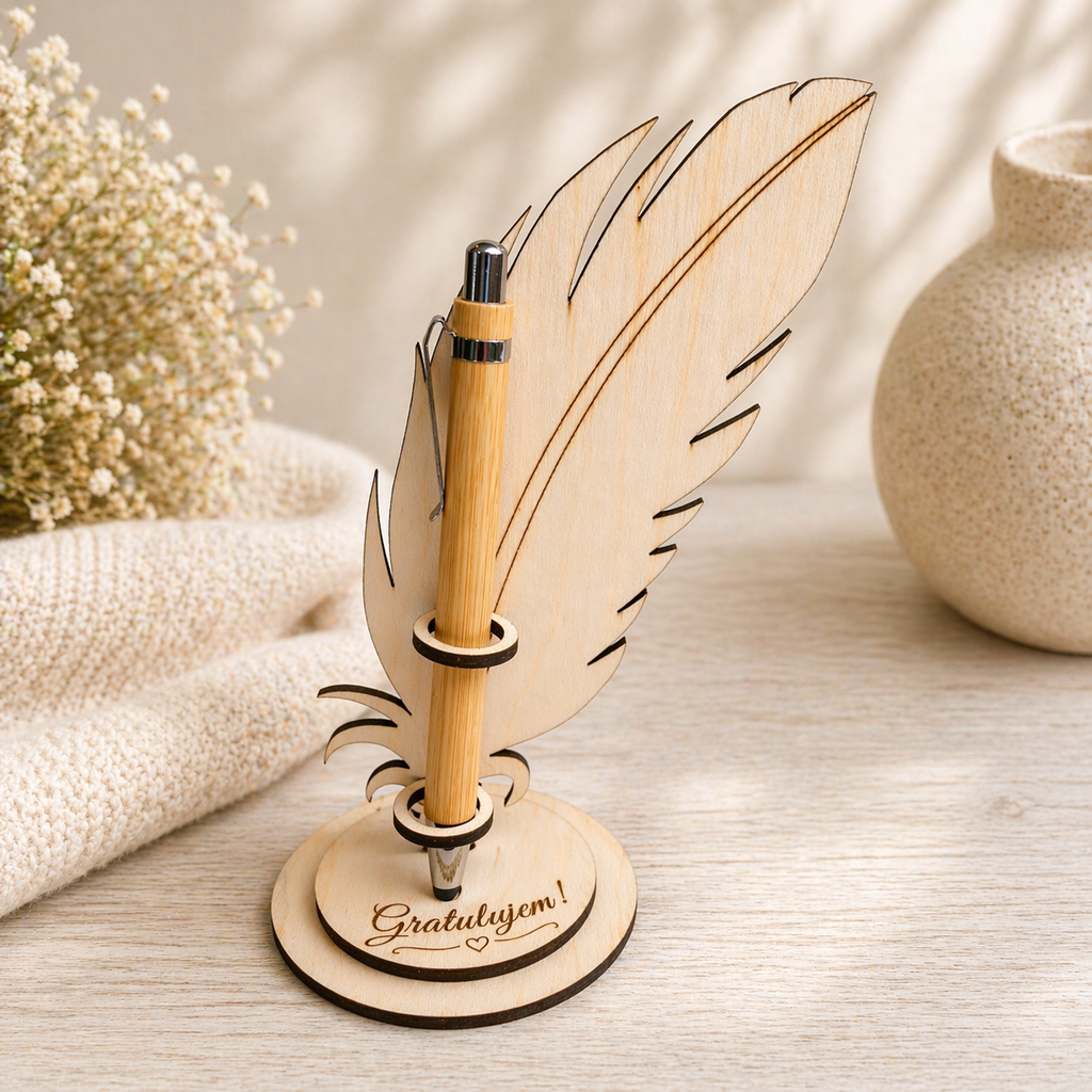 Wooden stand with pen - engraved set with custom text
